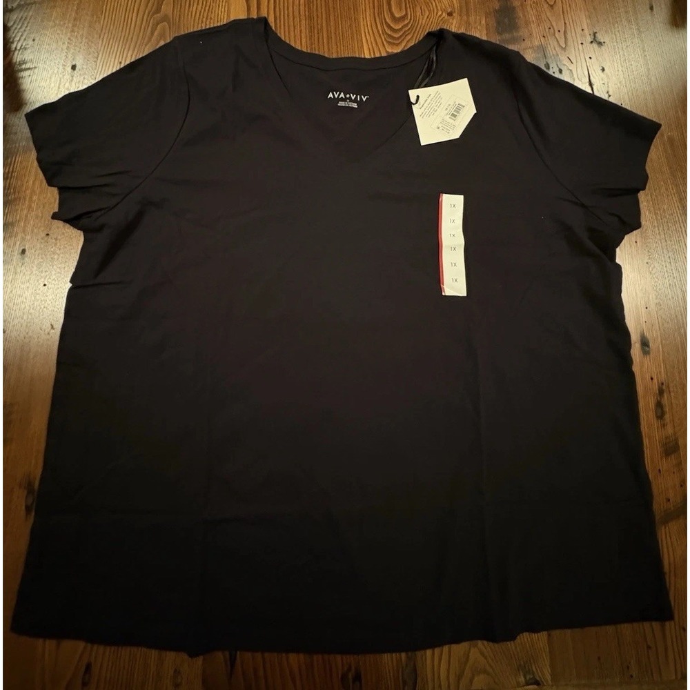 Ava & Viv Womens Black V-Neck Short Sleeve T-Shirt Solid Casual Tee 1X NWT